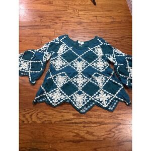 Kindred Womens Teal Embroidered Babydoll‎ Blouse Bell Sleeve Boho Top Size M